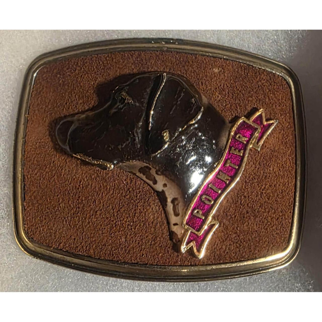 Vintage Metal Belt Buckle, Leather and Brass, Pointer Dog, Puppy, Canine, Nice Western Style Design