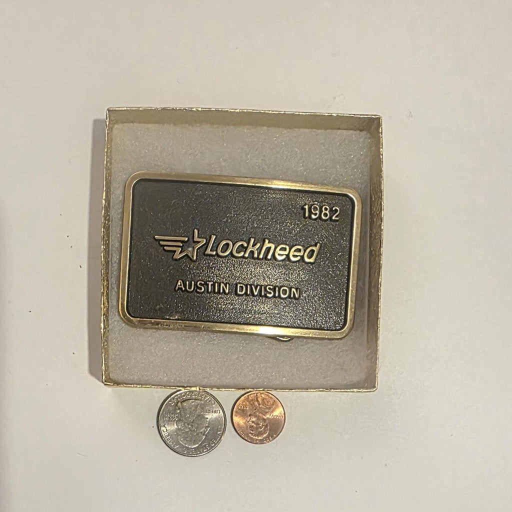 Vintage 1982 Metal Belt Buckle, Brass, Lockheed, Austin Division, Military, Nice Western Style Design