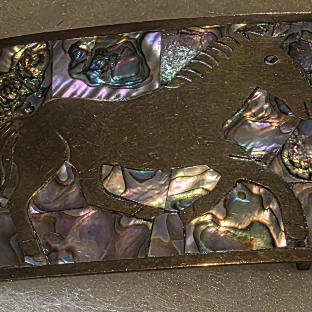 Vintage Metal Belt Buckle, Abalone and Pony Design, Horse, Mustang, Nice Western Style Design