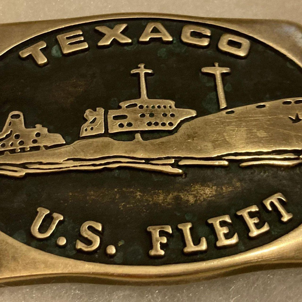 Vintage 1983 Metal Belt Buckle, Brass, Texaco, U.S. Fleet, Shipping, Oil, Petroleum, Energy Oiler, Nice Design, 3" x 2 1/4", Heavy Duty
