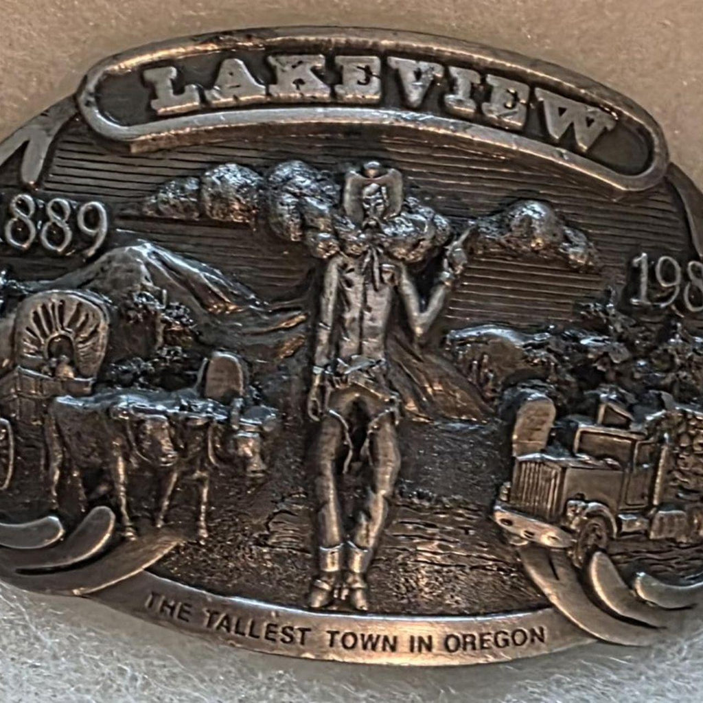 Vintage 1990 Metal Belt Buckle, Lakeview, The Tallest Town in Oregon, Lumber, Stage Coach, Nice Western Design