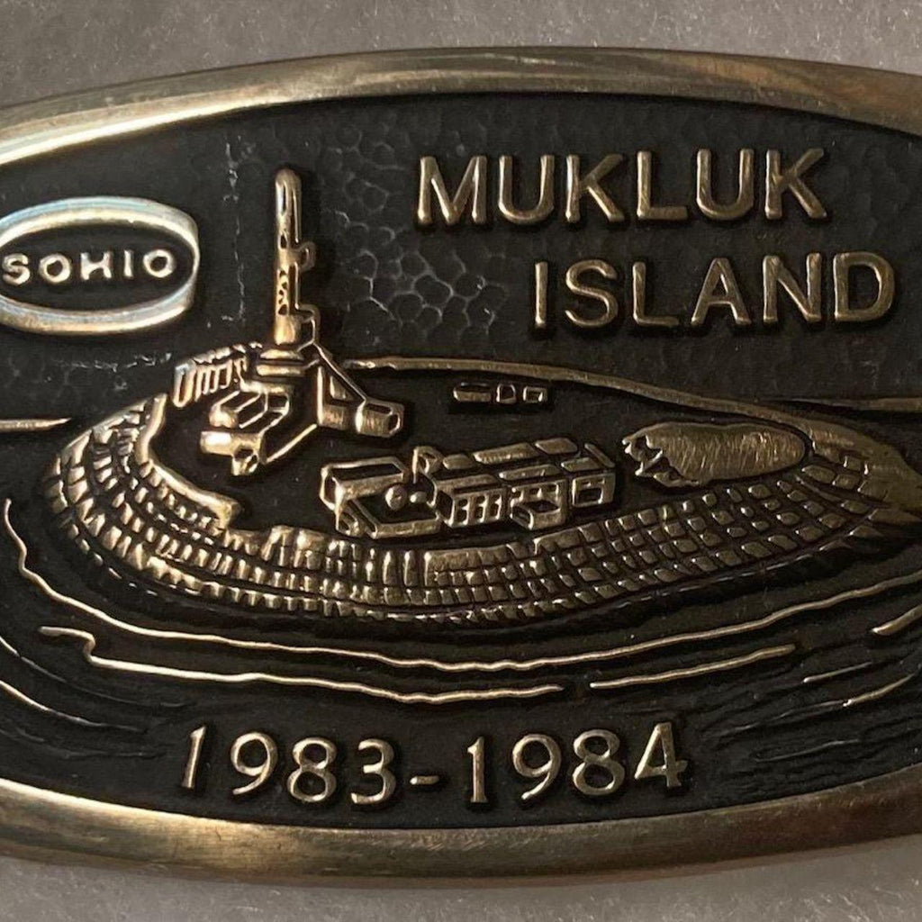 Vintage 1983 Metal Belt Buckle, Brass, Sohio, Mukluk Island, Oil Well, Oil, Energy, Gas, 3 3/4" x 2 1/2", Cowboy Style, Heavy Duty, Quality