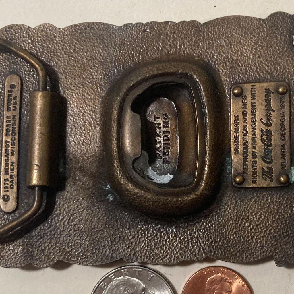 Vintage 1975 Metal Belt Buckle, Brass, Coca Cola, Coke, Soda Pop, Horse, Nice Western Design, 3 3/4" x 2 3/4", Heavy Duty, Made in USA