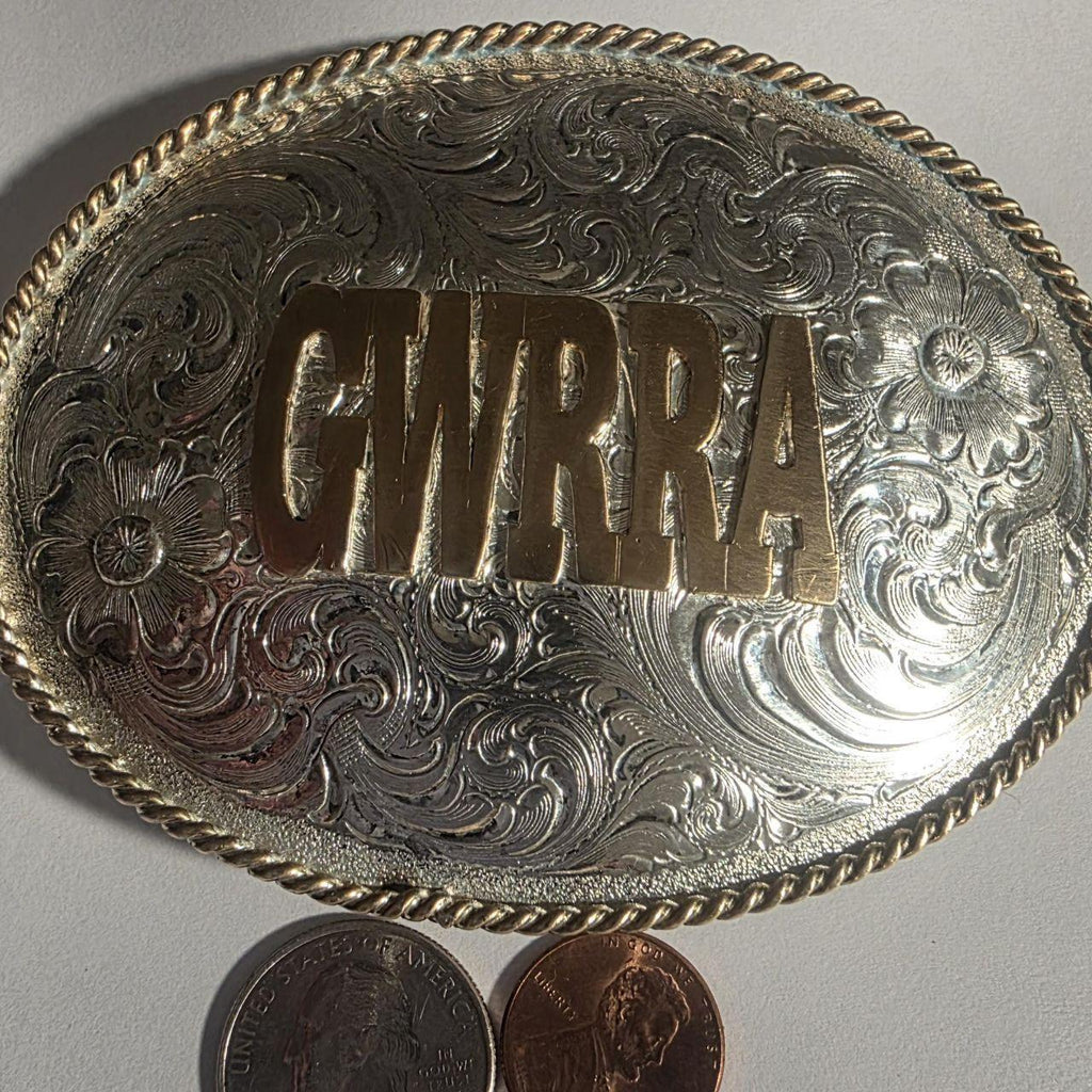 Vintage Metal Belt Buckle, Silver and Brass, Gold Wing Road Riders Association, Motorcycle, Big Size, Nice Western Style Design, 4 1/4" x 3"