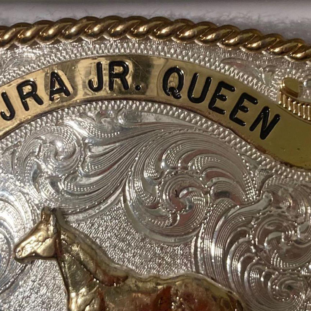 Vintage 2005 Metal Belt Buckle, IJRA Jr. Queen, 1st Attendant, Silver and Brass, Horse, Montana Silversmiths, Purple Stones, Nice Western Design