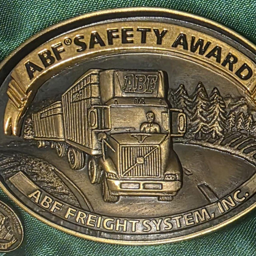 Vintage 2002 Metal Belt Buckle, Brass, ABF Freight Systems Inc, Trucking, Big Rig, Trucker, Safety Award, Includes Tie Clip