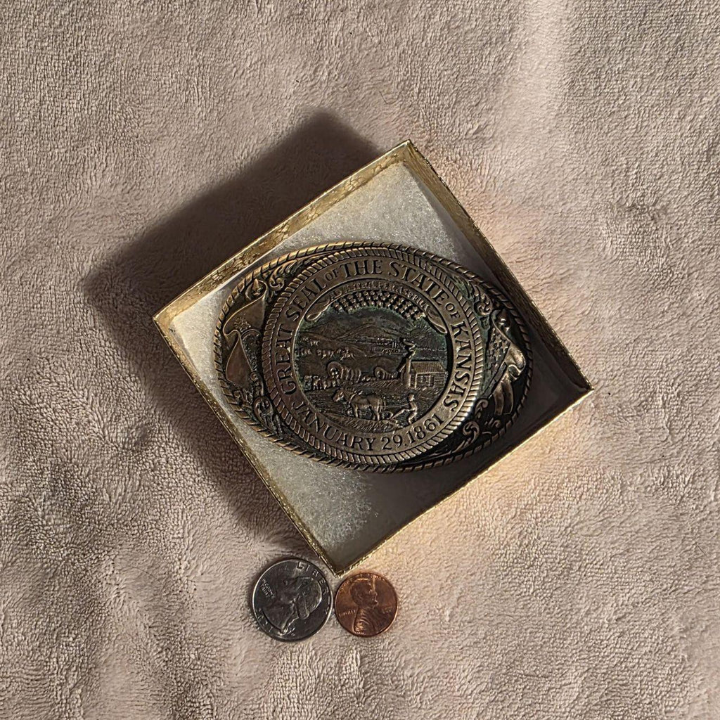 Vintage Metal Belt Buckle, Brass, Great Seal of The State of Kansas, Tony Lama, Nice Western Design, 3 3/4" x 2 3/4", Heavy Duty