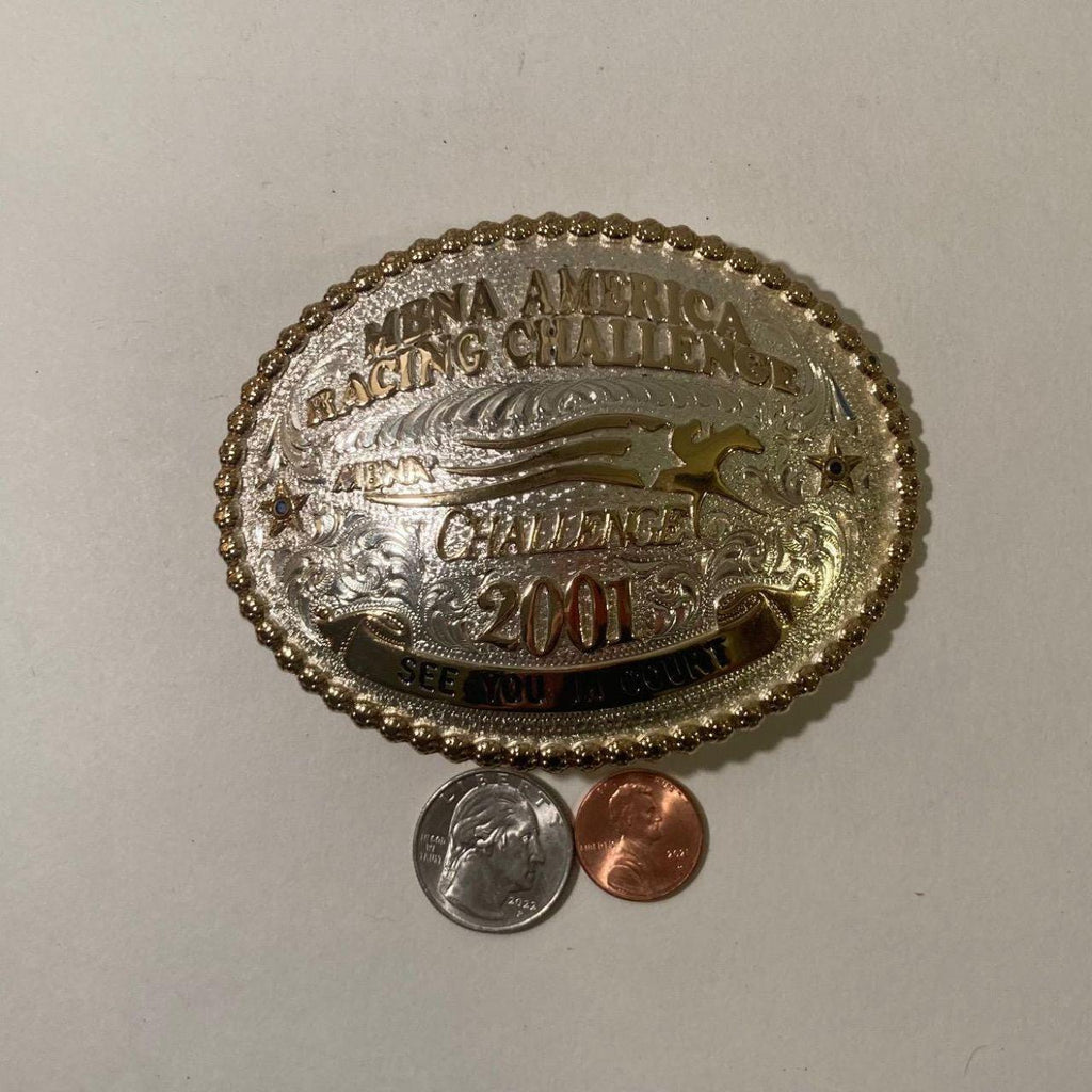Vintage 2001 Metal Belt Buckle, MBNA America Racing Challenge, See You in Court, Silver and Brass, Horse Racing, Montana Silversmiths