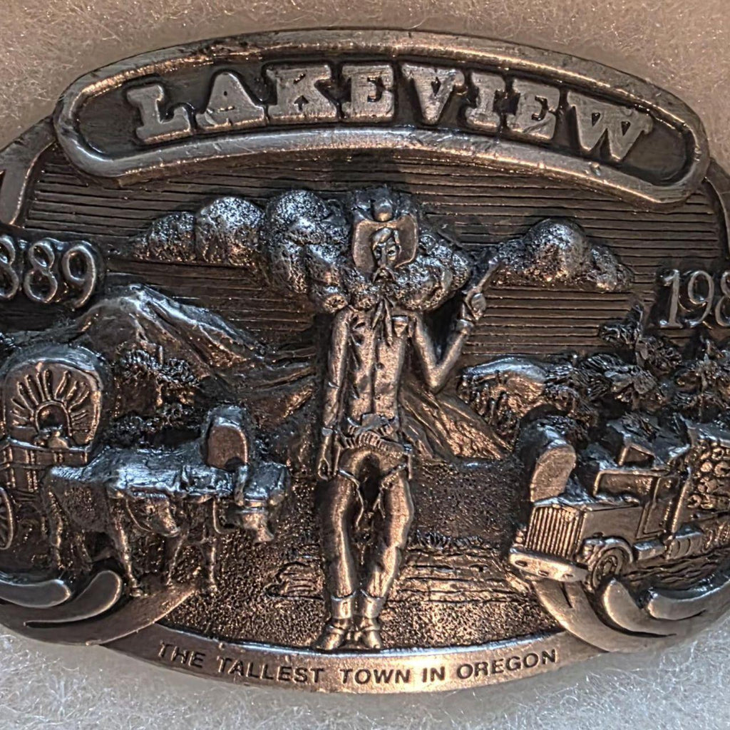 Vintage 1990 Metal Belt Buckle, Lakeview, The Tallest Town in Oregon, Lumber, Stage Coach, Nice Western Design