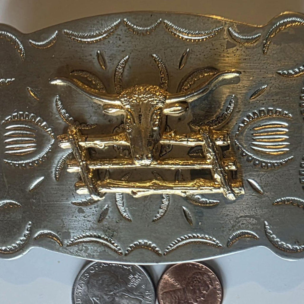 Vintage Metal Belt Buckle, Nice Nickel Silver and Brass, Longhorn Bull, Cow, Rodeo, Nice Western Design