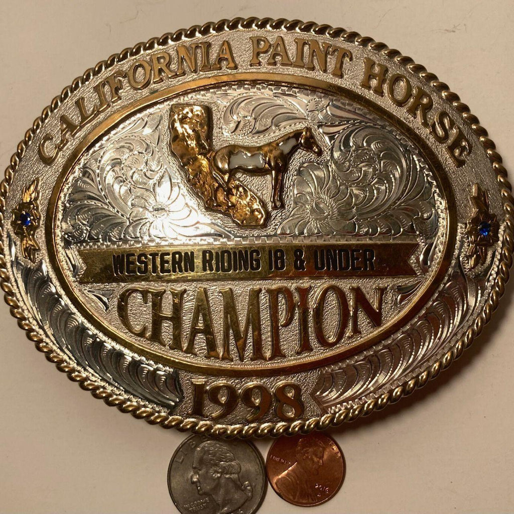 Vintage 1998 Metal Belt Buckle, California Paint Horse Champion, Western Riding 18 & Under, Big Size, Trophy, Nice Blue Stones, Nice Design