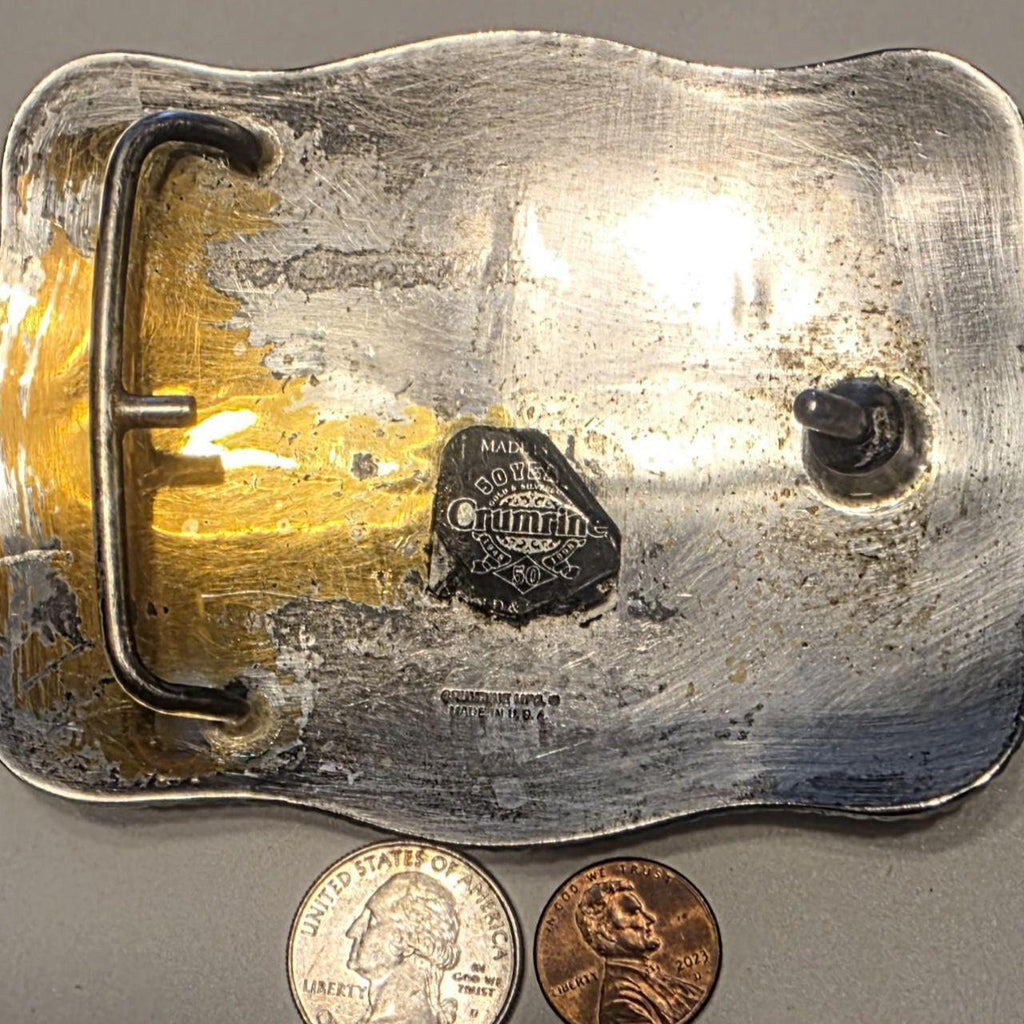 Vintage Metal Belt Buckle, Silver and Brass, Ramos Oil Co., Petroleum, Derrick, Well, Energy, Bulk Fuel, Crumrine, Nice Western Design