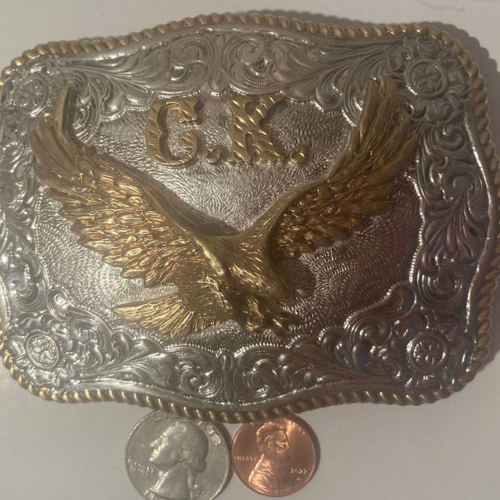 Vintage Metal Belt Buckle, Silver and Brass, Letters CK, Eagle, Crumrine, Big Size, Nice Western Design, 4 1/2" x 3 1/4", Heavy Duty