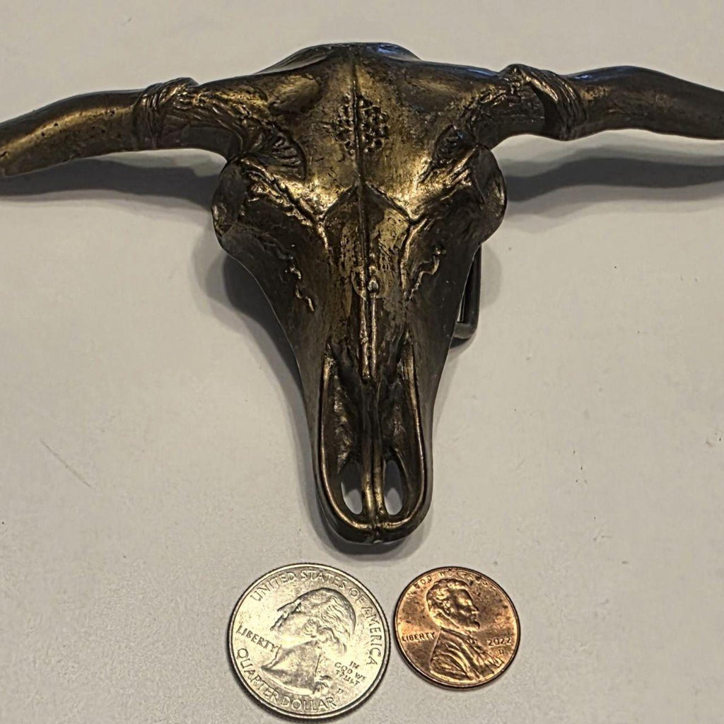 Vintage Metal Belt Buckle, Brass, Longhorn Bull Skull Head, Cattle, Livestock, Nice Western Design