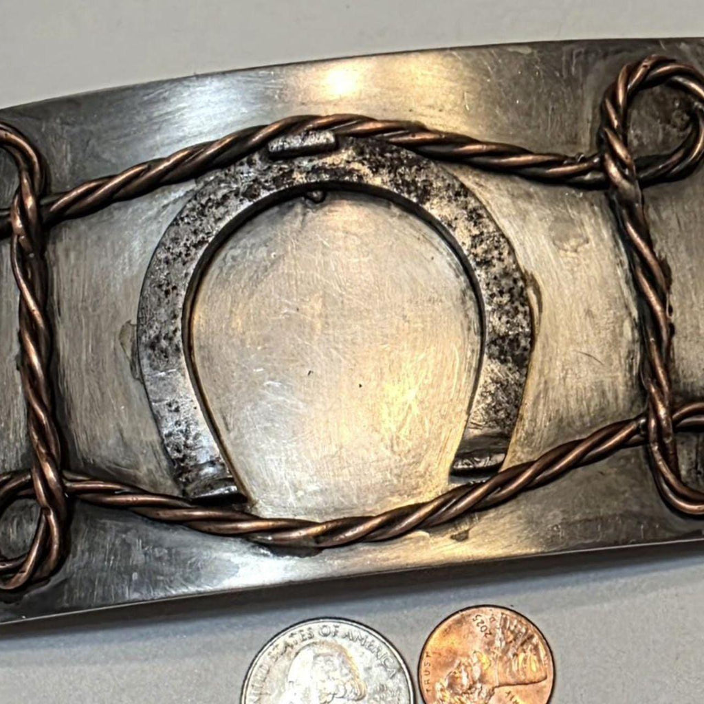 Vintage Western Belt Buckle - Horseshoe and Copper-Tone Wire Design