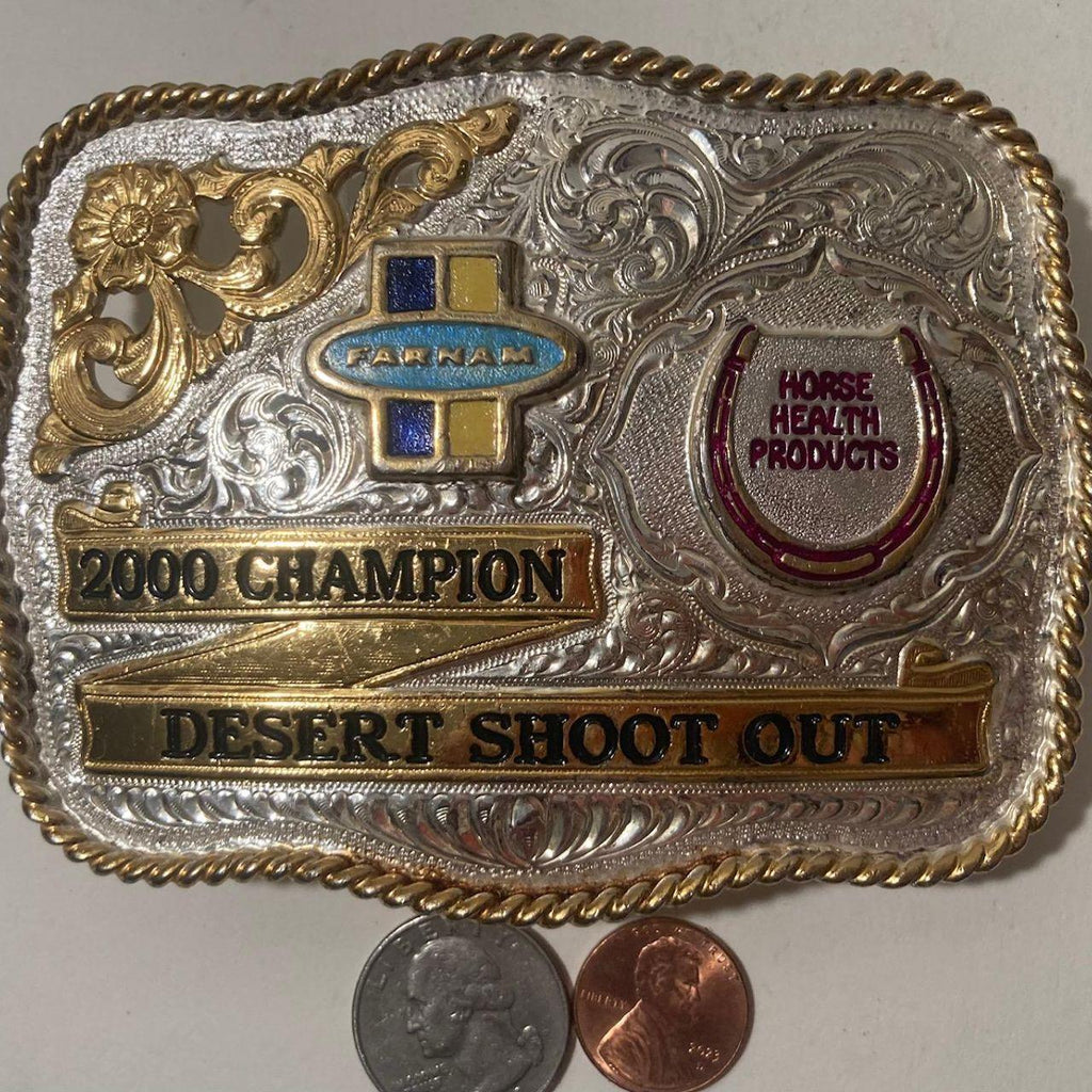 Vintage 2000 Metal Belt Buckle, Silver and Brass, 2000 Champion, Desert Shoot Out, Horse Health Products, FARNAM, Big Size