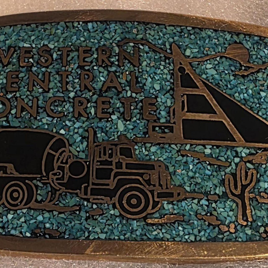 Vintage Metal Belt Buckle, Solid Brass, Blue Crushed Turquoise Stones, Western Central Concrete, Cement