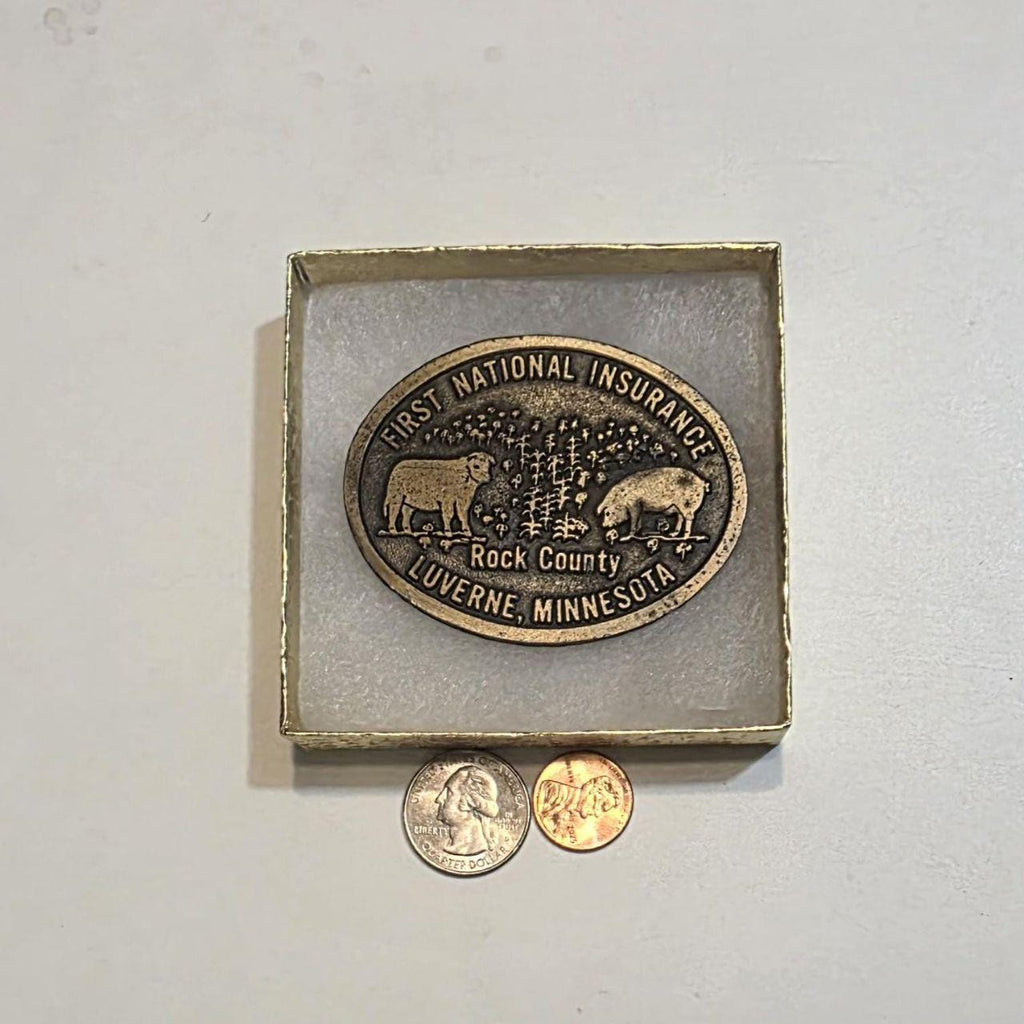 Vintage Metal Belt Buckle, Brass, First National Insurance, Rock County, Luverne Minnesota, Nice Western Style Design