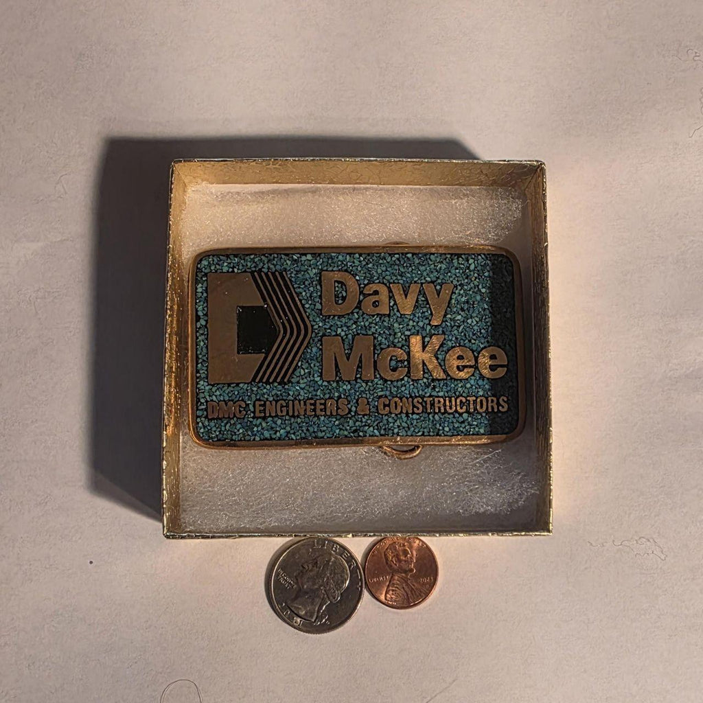 Vintage Metal Belt Buckle, Solid Brass, Blue Crushed Turquoise Stones, DMC Engineers & Constructors, Dav McKee