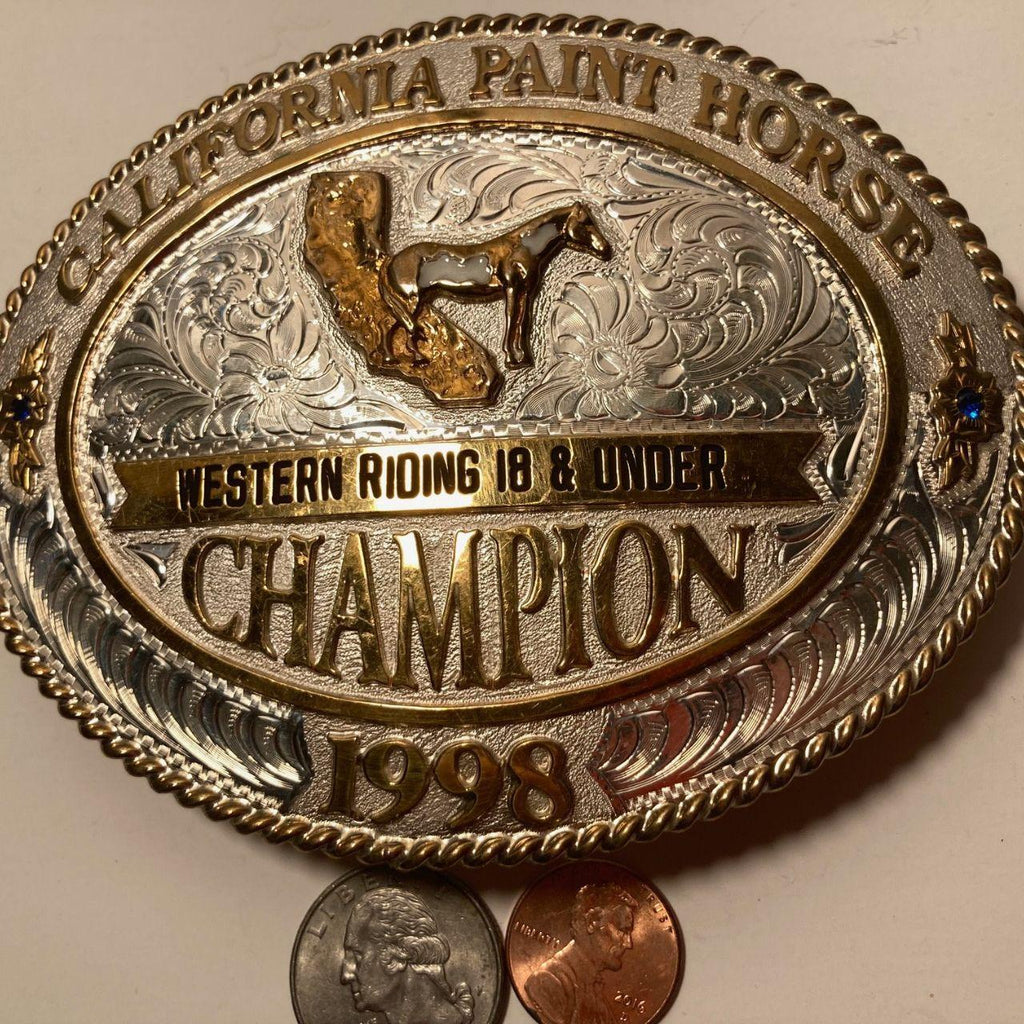 Vintage 1998 Metal Belt Buckle, California Paint Horse Champion, Western Riding 18 & Under, Big Size, Trophy, Nice Blue Stones, Nice Design