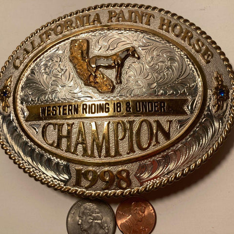 Vintage 1998 Metal Belt Buckle, California Paint Horse Champion, Western Riding 18 & Under, Big Size, Trophy, Nice Blue Stones, Nice Design
