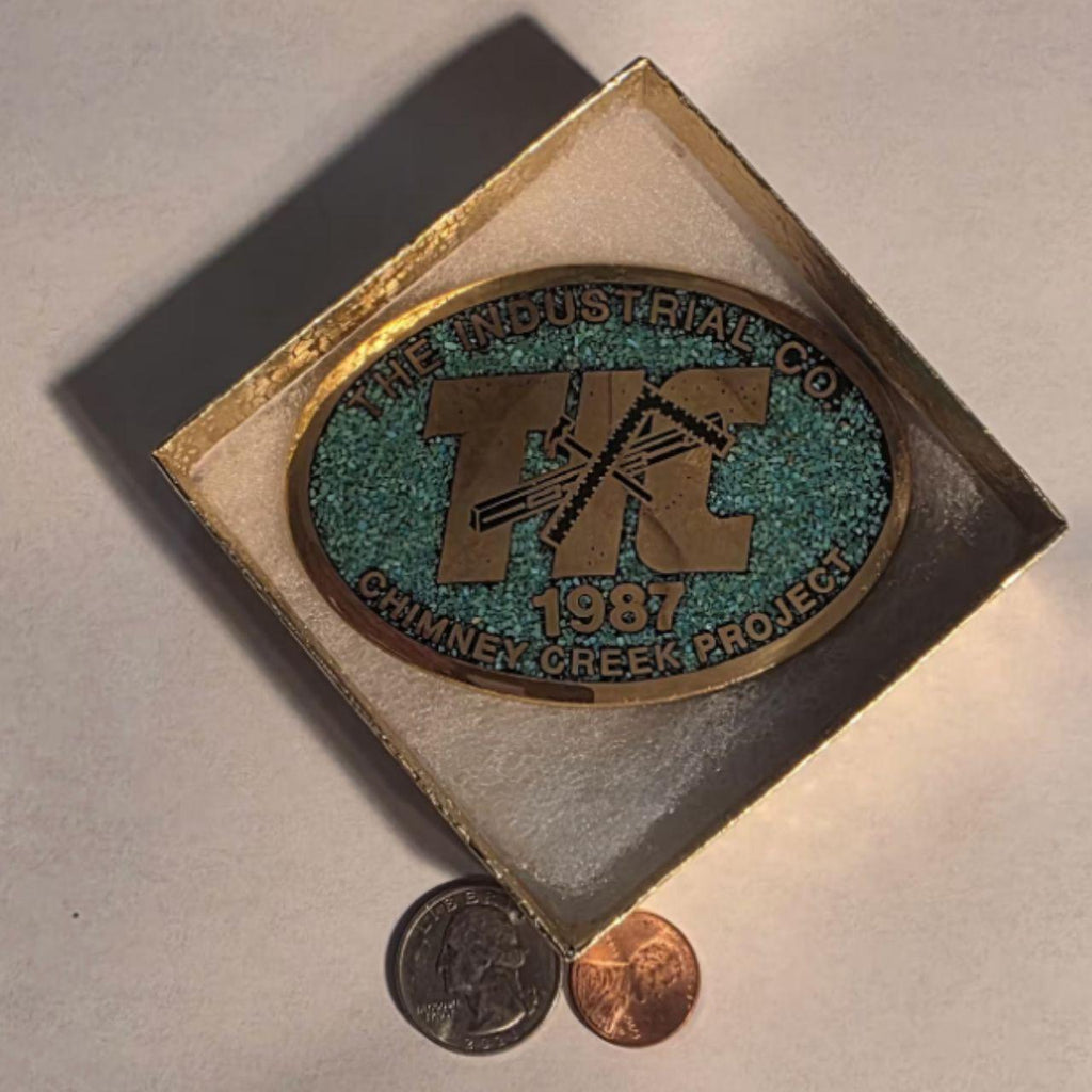Vintage 1987 Metal Belt Buckle, Solid Brass, Blue Crushed Turquoise Stones, TIC, The Industrial Co., Chimney Creek Project