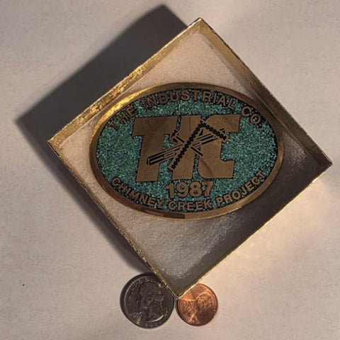 Vintage 1987 Metal Belt Buckle, Solid Brass, Blue Crushed Turquoise Stones, TIC, The Industrial Co., Chimney Creek Project