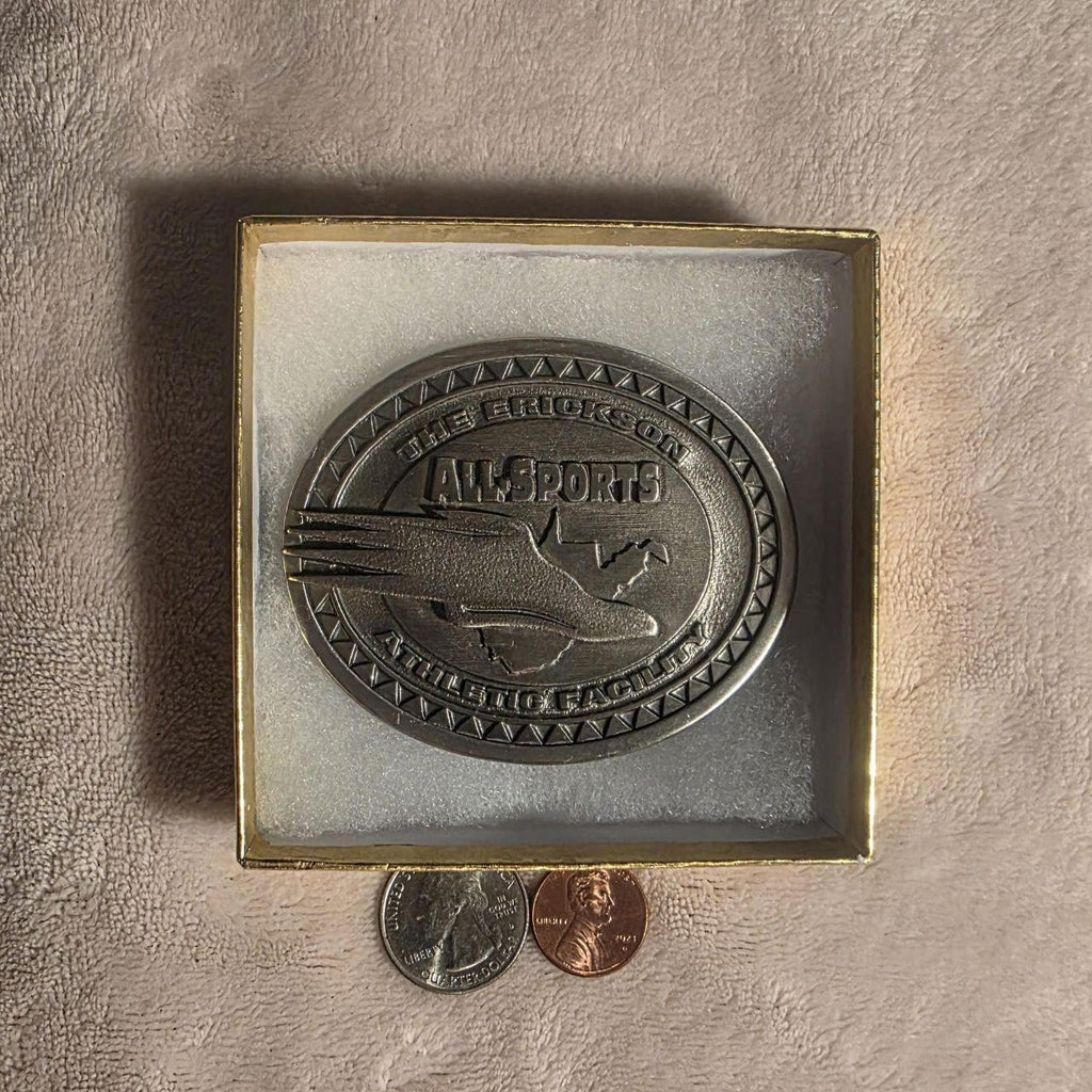 Vintage 1997 Metal Belt Buckle, All Sports, The Erickson Athletic Facility, Nice Western Style Design