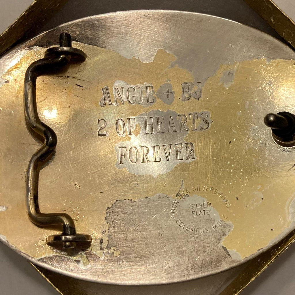 Vintage Metal Belt Buckle, Silver and Brass, Angie and BJ, 2 of Hearts Forever, Montana Silversmiths, Nice Western Design, 4" x 3"