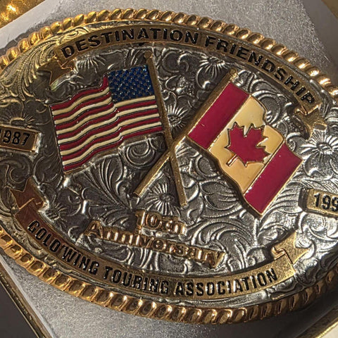 Vintage 1997 Metal Belt Buckle, Silver and Brass, Gold Wing Touring Association, Motorcycle, 10 Years, America and Canada, Texas