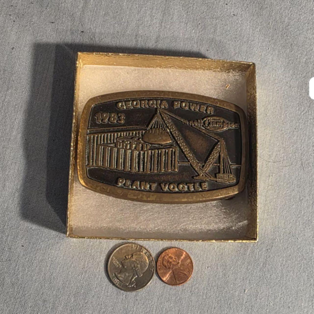 Vintage 1982 Metal Belt Buckle, Brass, Georgia Power Plant, Vogtle, Nice Western Design