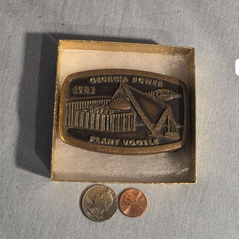 Vintage 1982 Metal Belt Buckle, Brass, Georgia Power Plant, Vogtle, Nice Western Design