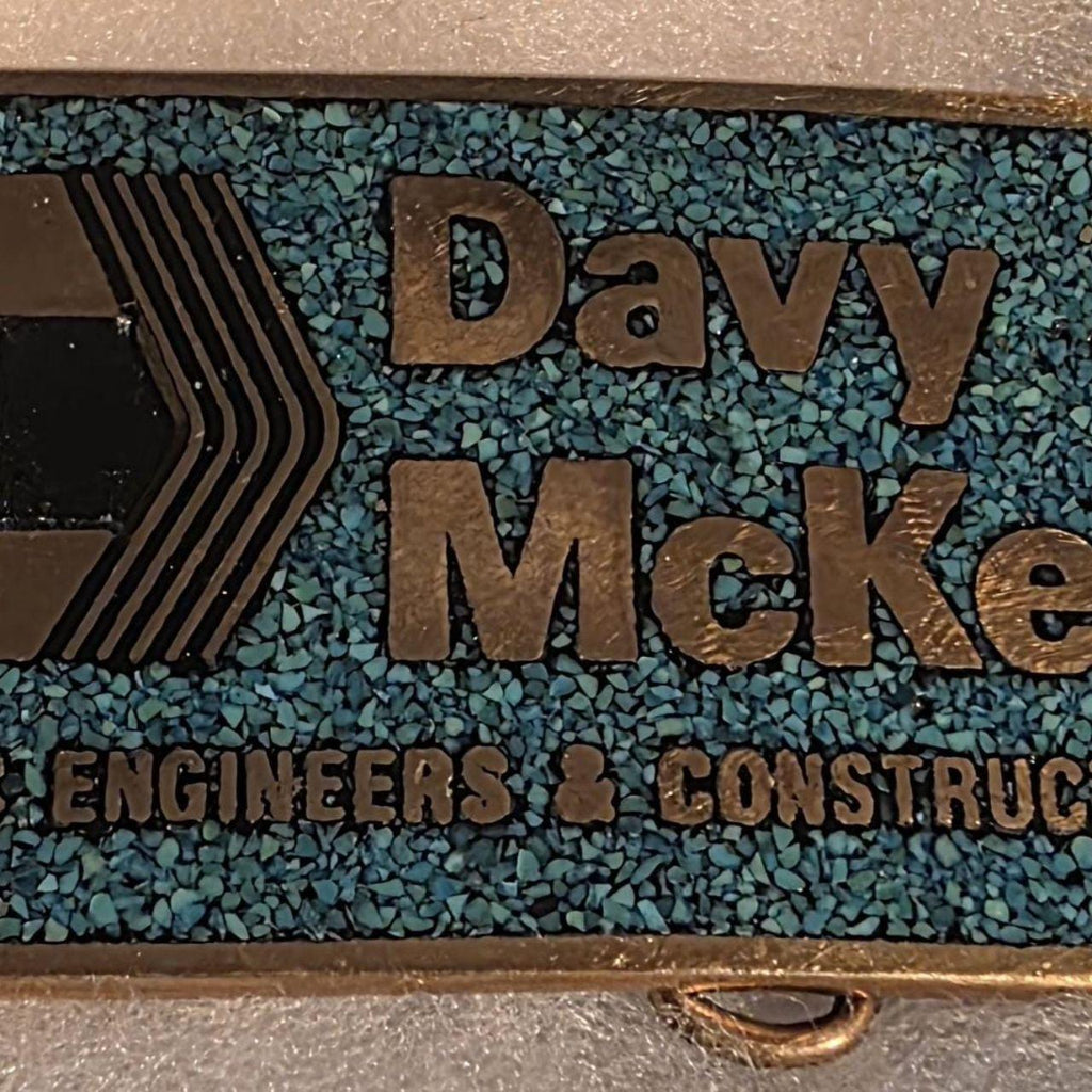 Vintage Metal Belt Buckle, Solid Brass, Blue Crushed Turquoise Stones, DMC Engineers & Constructors, Dav McKee