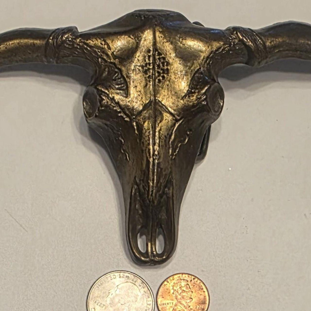 Vintage Metal Belt Buckle, Brass, Longhorn Bull Skull Head, Cattle, Livestock, Nice Western Design
