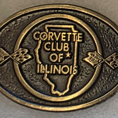 Vintage Metal Belt Buckle, Solid Bronze, Corvette Club of Illinois, Sports Car, Vette, Checkered Flags, Racing