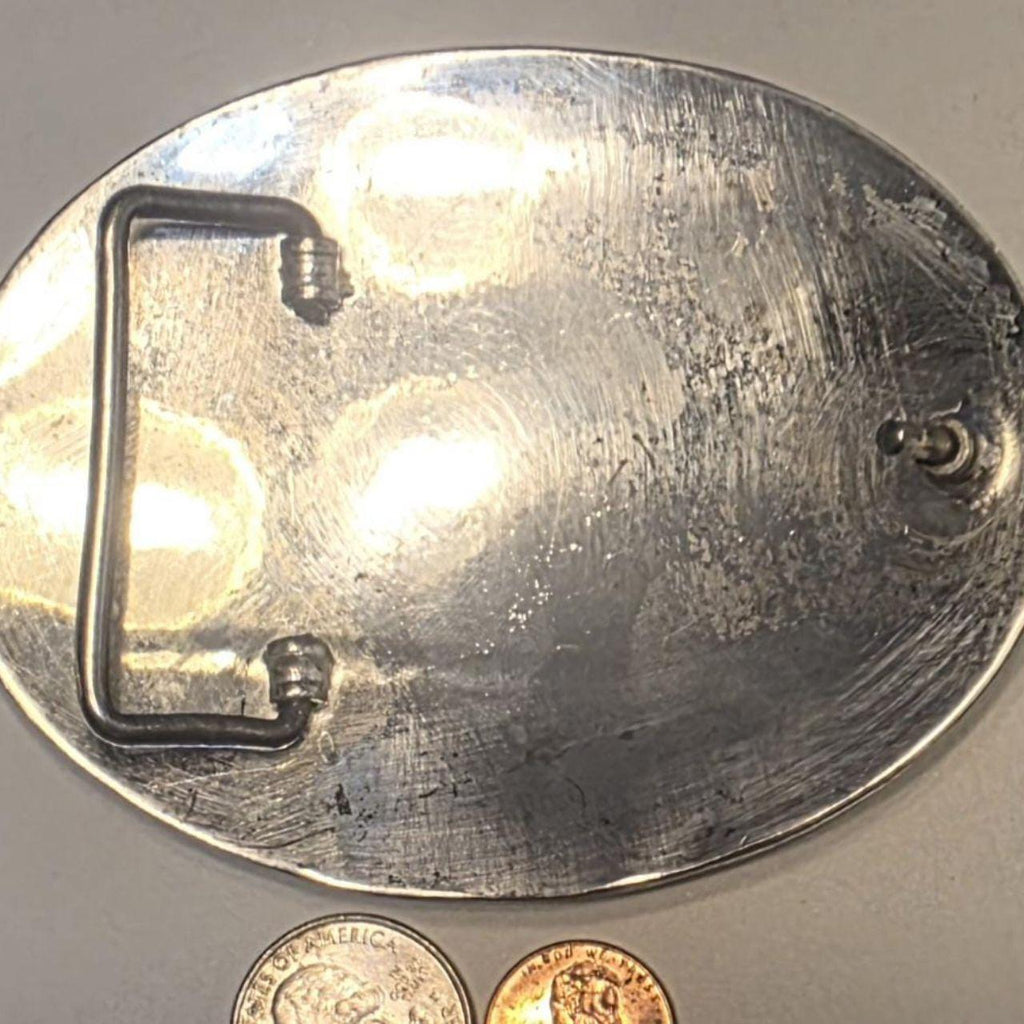 Vintage Metal Belt Buckle, Bronco Busting, Abalone Shell, Silver and Brass, Nice Western Style Design