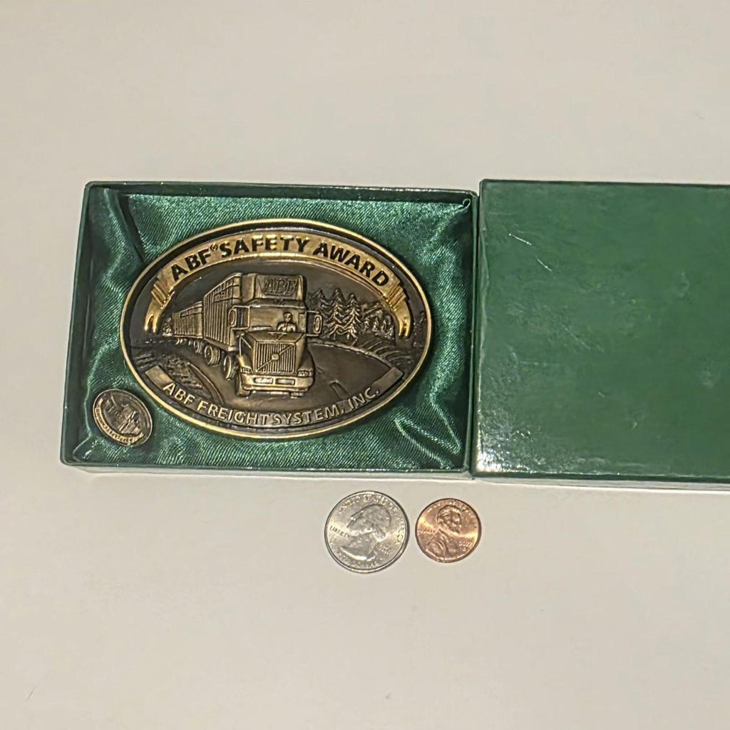 Vintage 2002 Metal Belt Buckle, Brass, ABF Freight Systems Inc, Trucking, Big Rig, Trucker, Safety Award, Includes Tie Clip