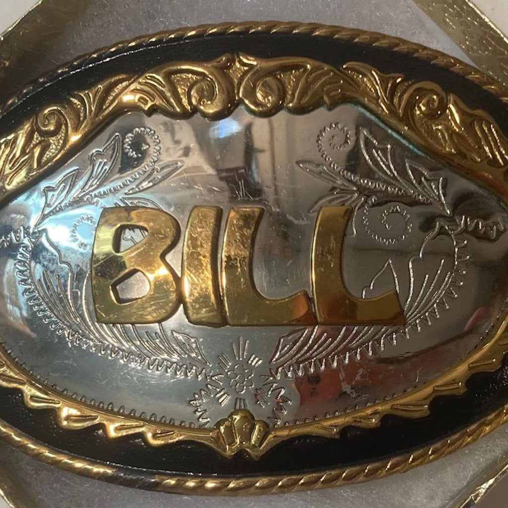Vintage Metal Belt Buckle, German Silver and Brass, Bill, Billy, William, Nice Western Style Design, 3 3/4" x 2 1/2", Heavy Duty, Quality
