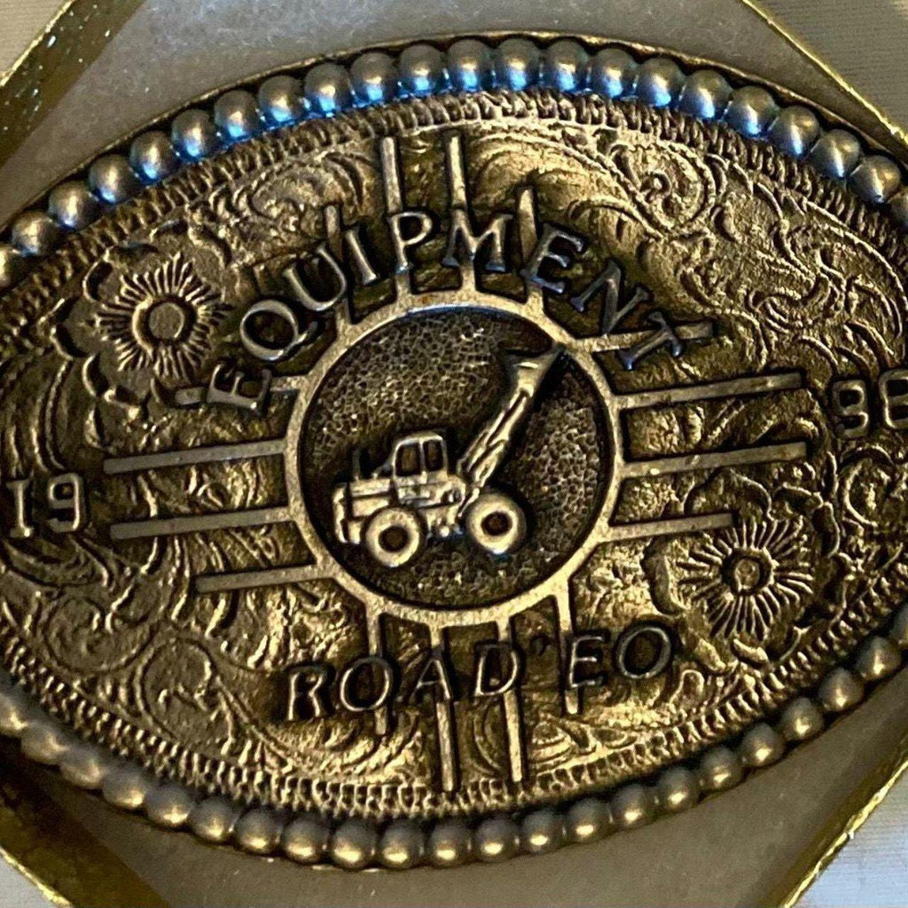 Vintage 1998  Joke Metal Belt Buckle, Equipment Road EO, "Rodeo, Construction, AG, Rodeo for Construction Equipment, Haha, Nice