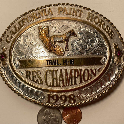 Vintage 1998 Metal Belt Buckle, California Paint Horse Champion, Trail, 14-18, Big Size, Trophy, Nice Red Stones, Nice Design, 5" x 3 3/4"