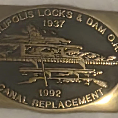 Vintage 1992 Metal Belt Buckle, Solid Brass, Gallipolis Locks & Dam, Canal Replacement, Nice Design