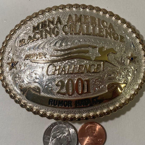 Vintage 2001 Metal Belt Buckle, Silver and Brass, Horse Racing, Montana Silversmiths, MBNA America Racing Challenge, Rumor Had It