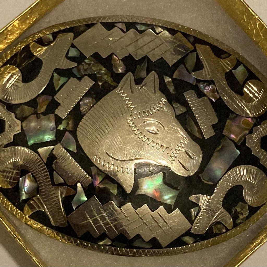 Vintage Metal Belt Buckle, Alpaca Silver and Abalone Design, Nice Horse Head, Nice Design, 3 3/4" x 2 3/4", Heavy Duty, Quality