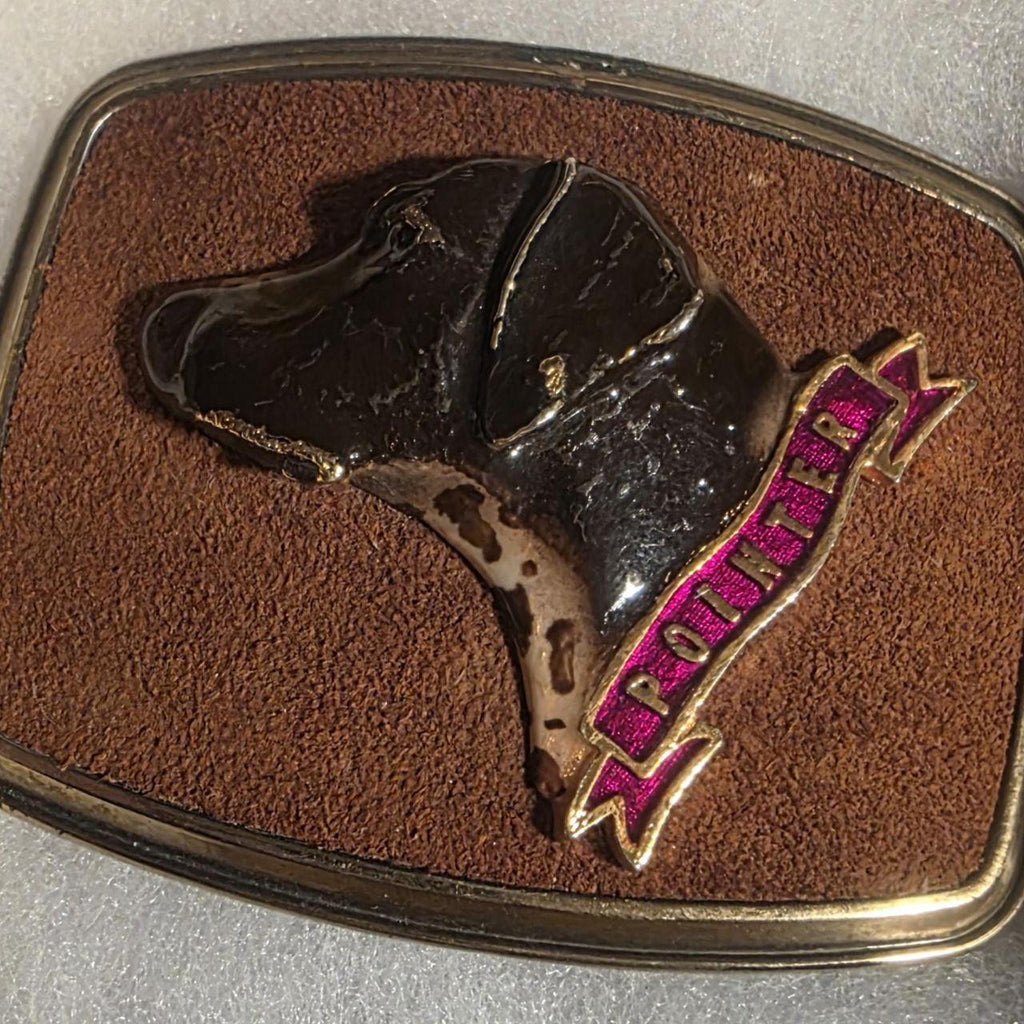 Vintage Metal Belt Buckle, Leather and Brass, Pointer Dog, Puppy, Canine, Nice Western Style Design