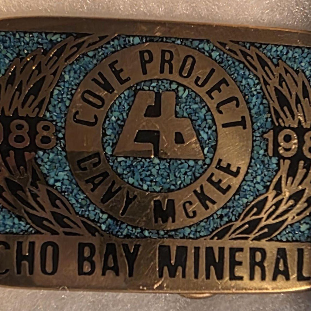Vintage 1989 Metal Belt Buckle, Solid Brass, Blue Crushed Turquoise Stones, Cove Project, Davy McKee, Echo Bay Minerals