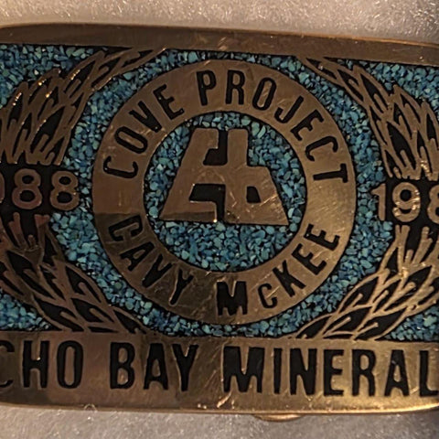 Vintage 1989 Metal Belt Buckle, Solid Brass, Blue Crushed Turquoise Stones, Cove Project, Davy McKee, Echo Bay Minerals