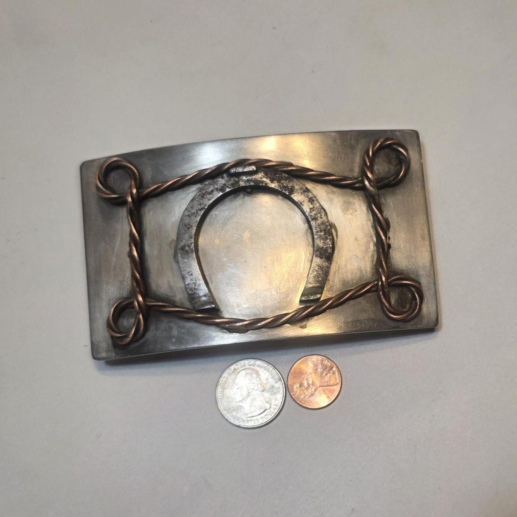 Vintage Western Belt Buckle - Horseshoe and Copper-Tone Wire Design