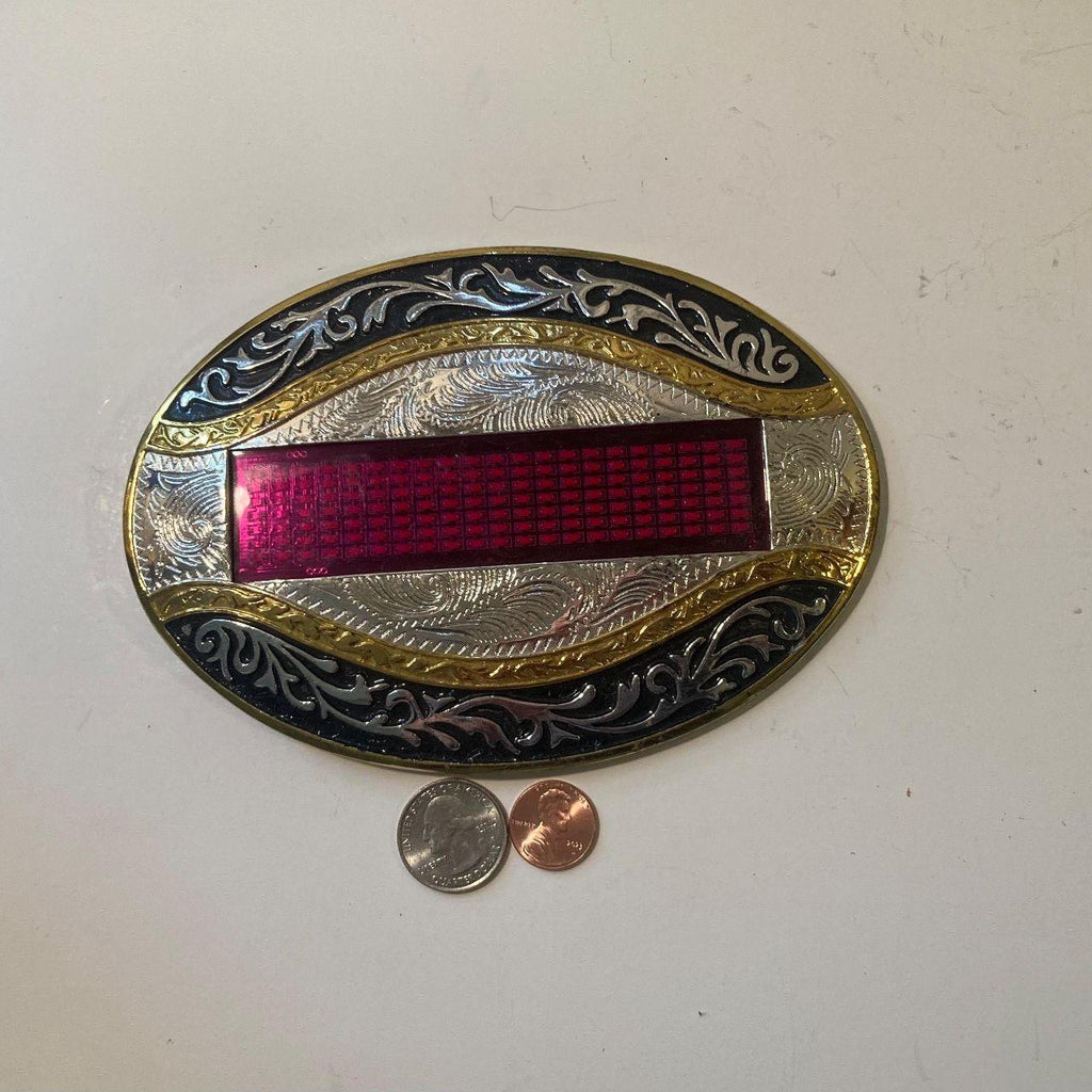Vintage Metal Belt Buckle, Giant Size, Silver and Brass, Batteries, Nice Western Design, 6 1/2" x 4 1/2", Heavy Duty, Quality, Thick Metal