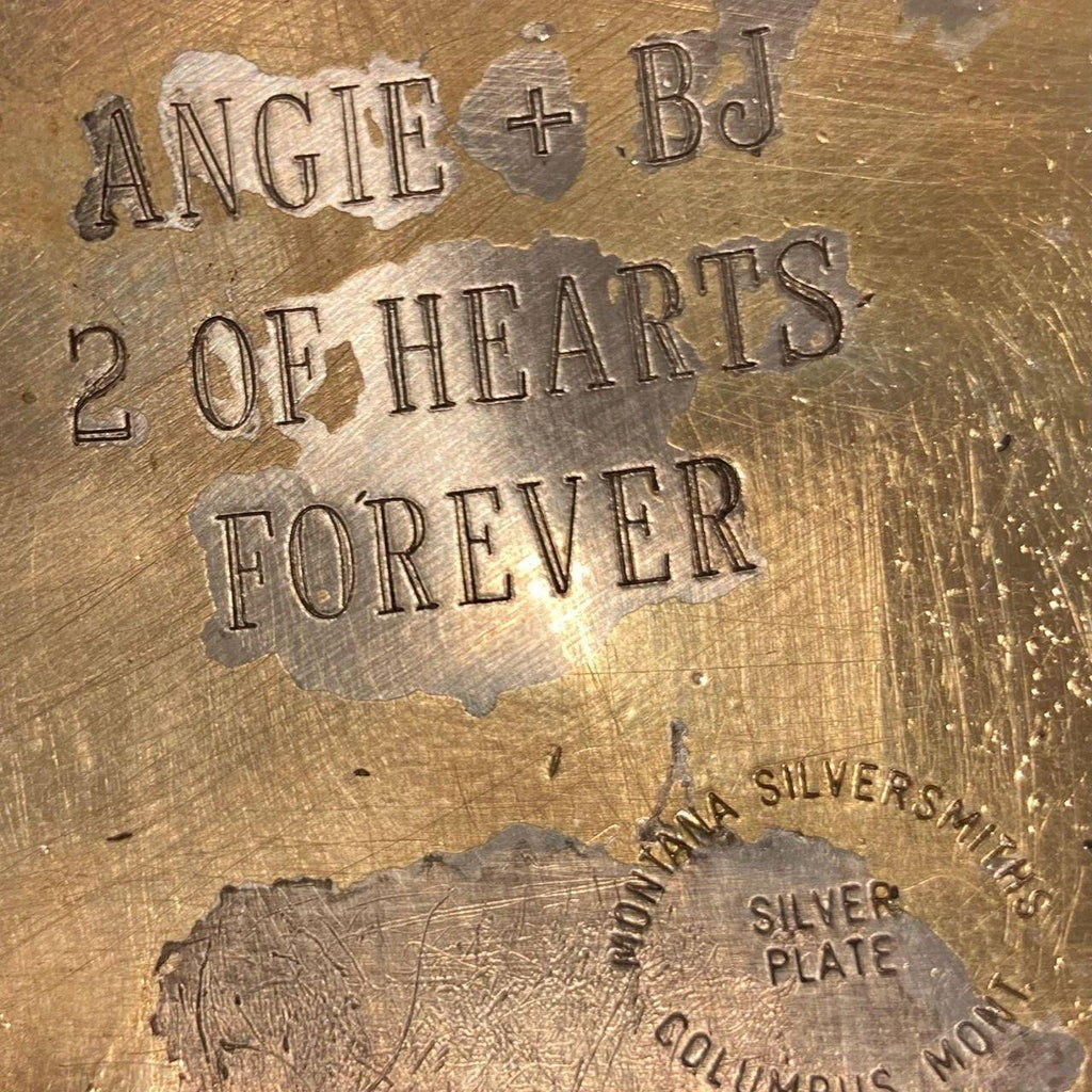 Vintage Metal Belt Buckle, Silver and Brass, Angie and BJ, 2 of Hearts Forever, Montana Silversmiths, Nice Western Design, 4" x 3"