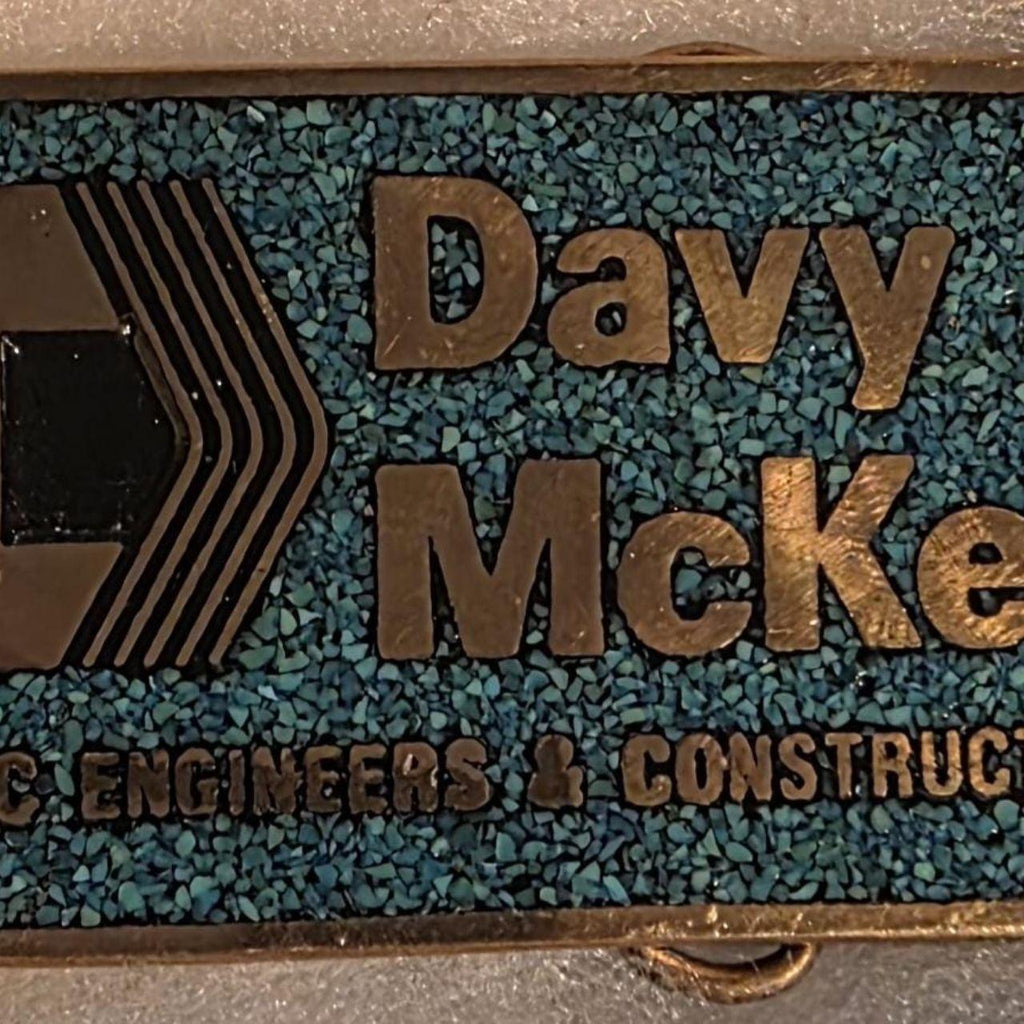 Vintage Metal Belt Buckle, Solid Brass, Blue Crushed Turquoise Stones, DMC Engineers & Constructors, Dav McKee